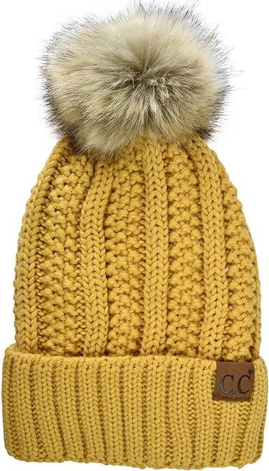 Photo 1 of C.C Thick Cable Knit Faux Fuzzy Fur Pom Fleece Lined Skull Cap Cuff Beanie