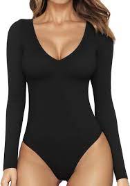 Photo 1 of MANGOPOP Womens V Neck Short Sleeve Long Sleeve Tops Bodysuit Jumpsuit