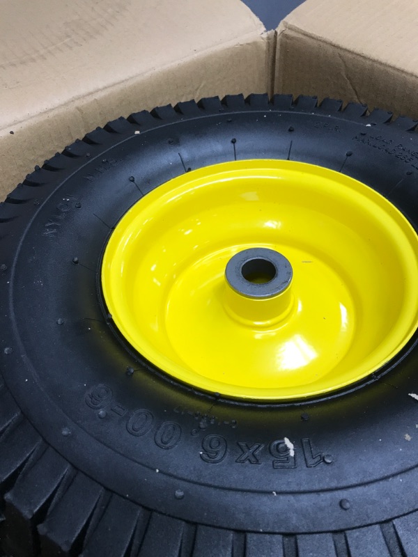 Photo 2 of (2 Pack) AR-PRO Exact Replacement 15" x 6.00 - 6" Front Tire and Wheel Assemblies for John Deere Riding Mowers - Compatible with John Deere 100 and D100 Series - 3” Hub Offset and 3/4” Bushings 15" x 6.00-6" Yellow