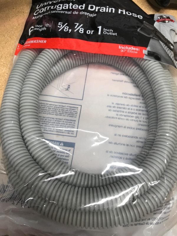 Photo 2 of 6' Dishwasher Corrugated Discharge Hose -- Universal Fit 5/8" or 7/8" Drain Outlet -- 89 Degree Rubber Elbow End, 72" Length
