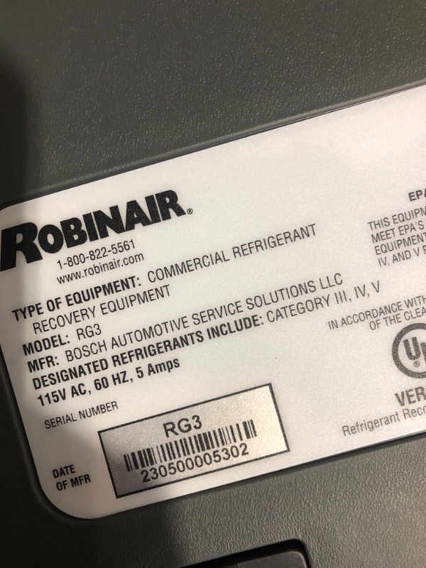 Photo 6 of * used * see all images *
Robinair (RG3 Portable Refrigerant Recovery Machine – 115V, 60Hz, for Both Liquid and Vapor Refrigerant, White