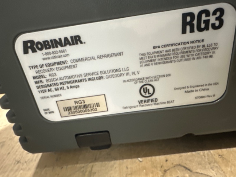 Photo 3 of * used * see all images *
Robinair (RG3 Portable Refrigerant Recovery Machine – 115V, 60Hz, for Both Liquid and Vapor Refrigerant, White