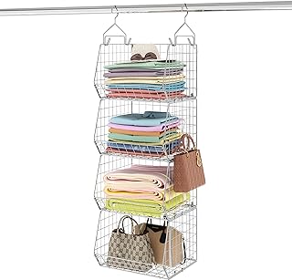 Photo 1 of 4 Tier Closet Hanging Organizer, Clothes Hanging Shelves with 5 S Hooks, Closet Organization and Storage Wire Basket Bins, for Clothing Sweater Shoe Handbag Clutches Accessories Patent Design-Silver