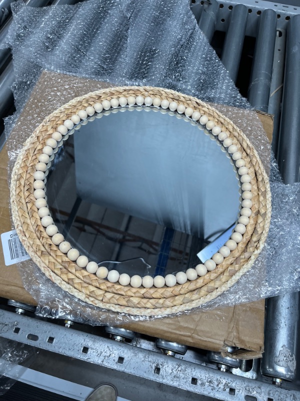 Photo 2 of 15 Inch Rattan Mirror, Boho Nursery Decor for Girl, Boho Wall Mirror for Farmhouse, Living Room, Bedroom, Bathroom Decor