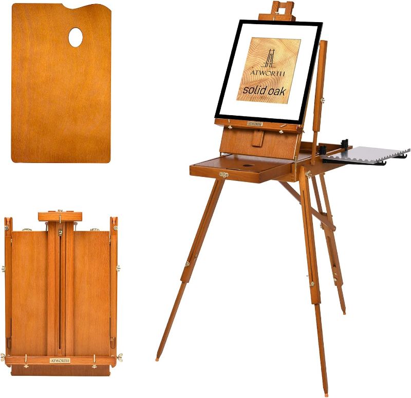 Photo 1 of ******UNKNOWN IF COMPLETE*******
ATWORTH French Easel for Painting, Deluxe Oak Wooden Field & Studio Sketchbox Easel Stand with Metal Side Tray, Portable Tabletop & Tripod Floor Painting Easel, Holds Canvas up to 34"- Grey Walnut
