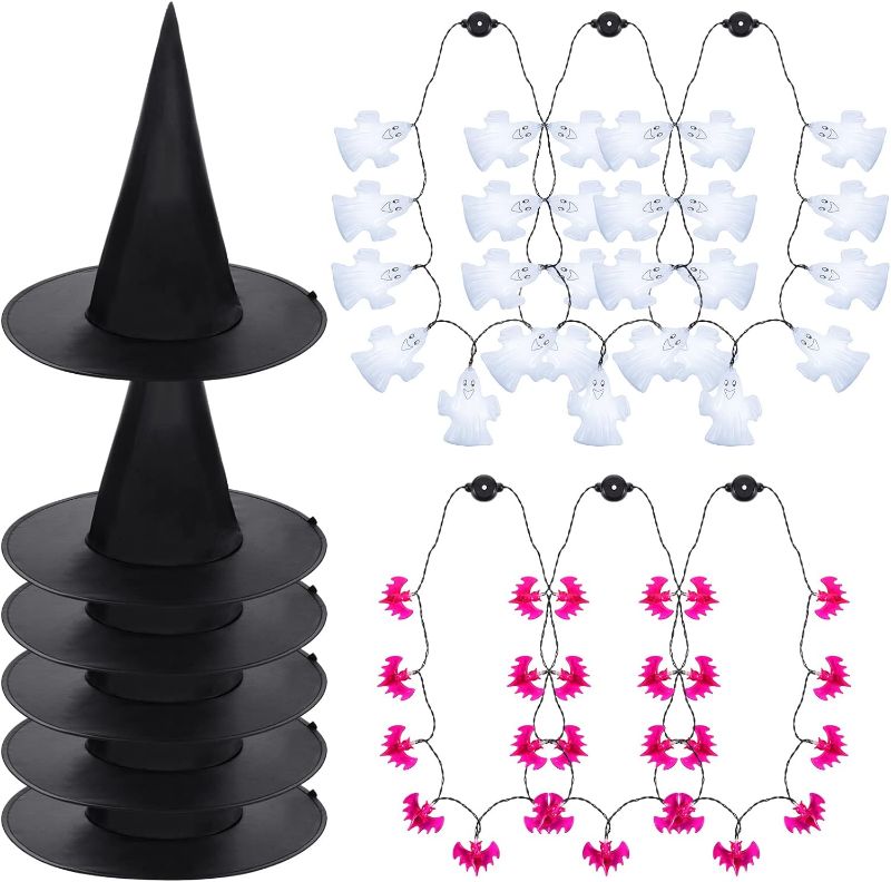 Photo 1 of 12 Pcs Halloween Party Supplies, 6 Halloween Witch Hats and 6 LED Light Up Necklaces, Halloween Pumpkin Ghost Glow Necklaces for Halloween Costume Accessory Party Supplies (Bat and Ghost