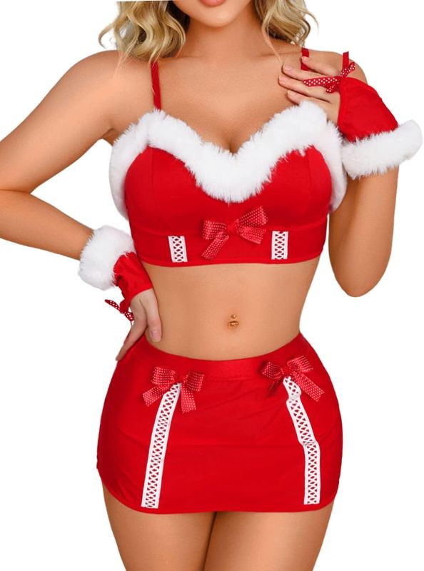 Photo 1 of  Sexy Christmas Lingerie For Women, Skirt Satin Bow Santa Outfit For Women, Gloves 3 Piece Outfits Costumes Boudoir Xmas Mrs Claus Petite Red Small