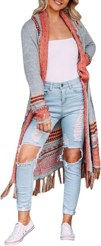 Photo 1 of FERBIA Women Boho Cardigan Sweater Long Open Front Maxi Knit Sweaters Aztec Tribal Tassel Fringe Thin Coat