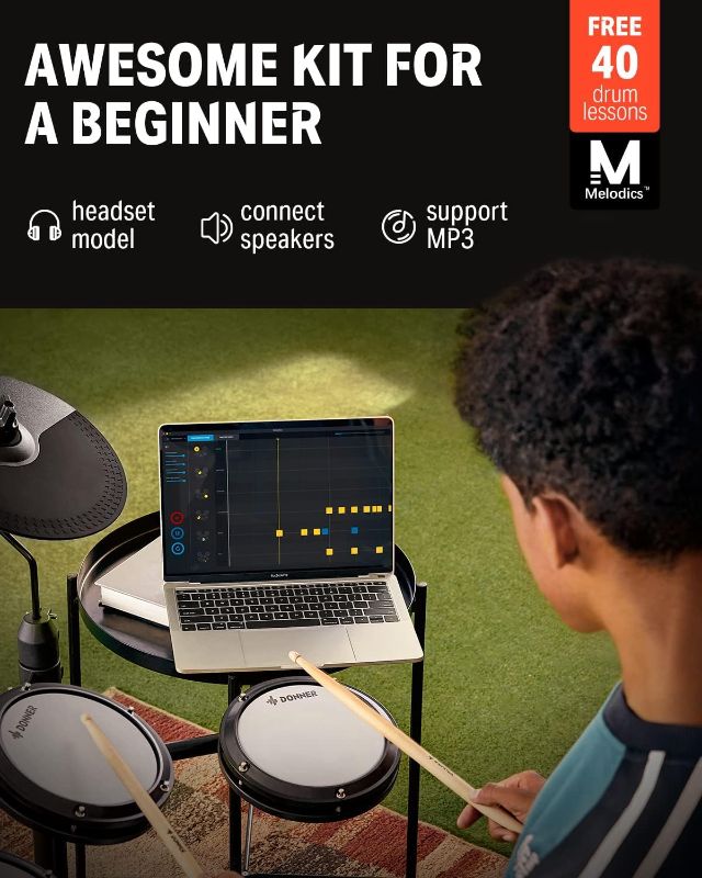 Photo 3 of (READ FULL POST) Donner Electric Drum Set, Electronic Drum Kit for Beginner with 180 Sounds, Quiet Mesh Drum Set with Heavy Duty Pedals, Drum Throne, Sticks Headphone,Kids Christmas Birthday Gift(DED-80, New Upgraded) 180sounds/4 Drums&3 Cymbals W throne 