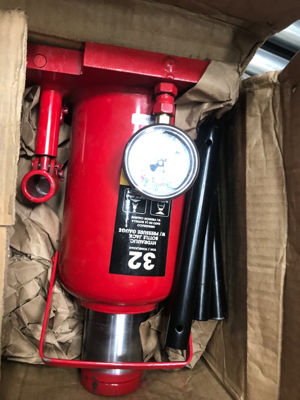 Photo 2 of BIG RED 32 Ton (64,000 LBs) Torin Heavy Duty Professional Double Piston Car Bottle Jack with Gauge for Construction Stabilization, Red, ATH932001BR 32 Ton - Double Piston & Gauge Red