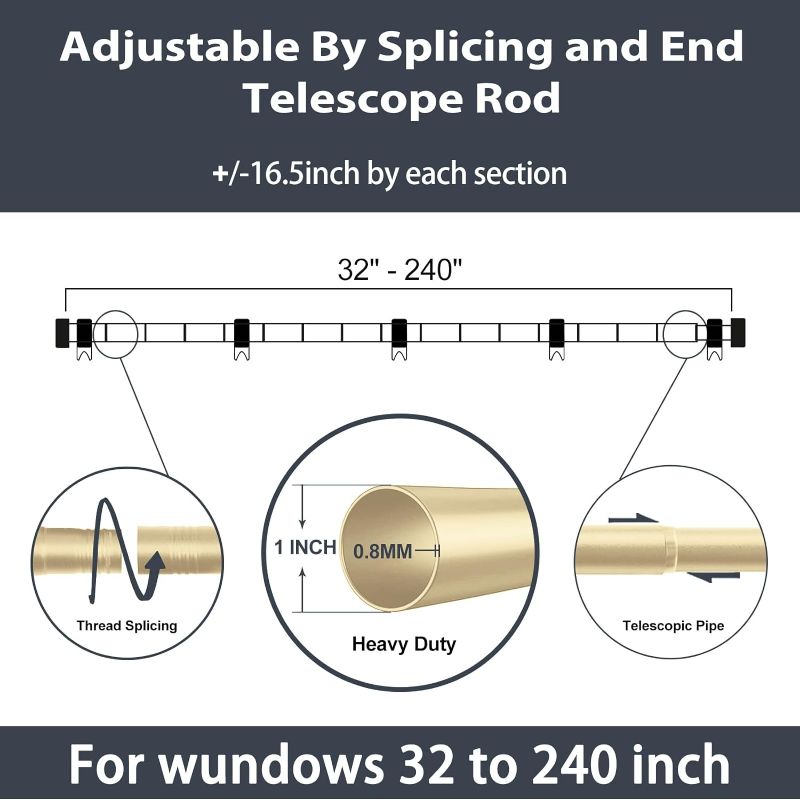 Photo 3 of (READ FULL POST) Zeerobee Curtain Rods for Windows 120 to 240, 1 Inch Gold Curtain Rod Set, Heavy Duty Drapery Rods with Adjustable Curtain Rods, Outdoor Modern Curtain Rod with Simple End Caps, 32"-240", Gold
