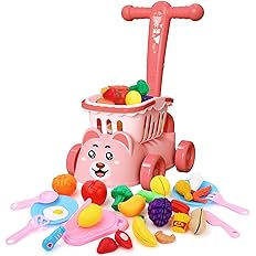 Photo 1 of deAO Shopping Cart for Toddlers Groceries Toy 35 PCS Cutting Play Foods Kids Mini Shopping Set with Food Fruit Vegetables 2 in 1 Trolley Educational Learning Kitchen Toy for Boys Girls (Pink)
