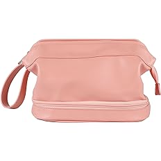 Photo 1 of Makeup Bag,Double Layer Cosmetic Bag,Large Capacity Travel Cosmetic Bag, Portable Leather Toiletry Bag Travel Makeup Bag for Women Storage Bag for Place Skin Care Products, Jewelry(Pink)
