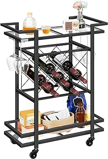 Photo 1 of Glass Bar Cart, Home Bar Serving Cart, 3 Tier Drink Cart with 7 Wine Bottle Racks, Glass Holders, Beverage Cart on Wheels for Kitchen, Bar, Dining Room, Living Room, Outdoor, Black