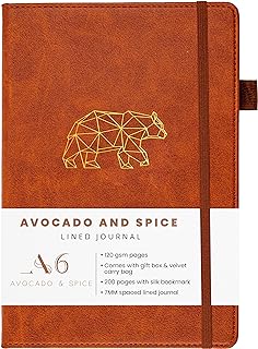 Photo 1 of Avocado and Spice Faux Leather A6 Notebook with Gift Box & Velvet Bag – Notebook A6 Hardback - Travel Journal Notebook A6 - Bookmark, Elastic Strap, Pen Holder, 200 Thick Page (Brown, Lined) Hardcover
