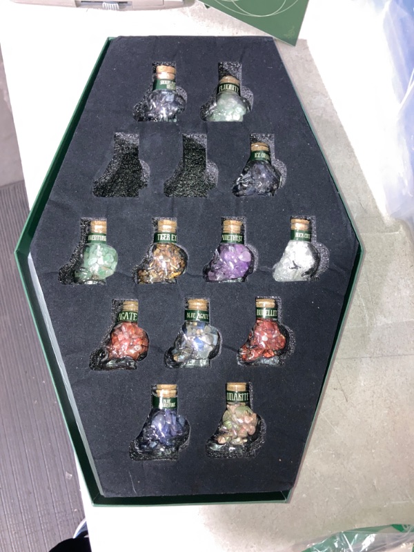Photo 2 of (READ FULL POST) Crystals for Witchcraft in Skull Spells Jars - Real Crystal Chips Set with Crystal Grids in Tomb Box - Witchy Gifts for Women Crystals and Healing Stones Wiccan Supplies and Tools Chakra Gemstones