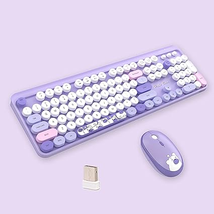Photo 1 of Hello Bear 2.4G Full-Size Wireless Keyboard and Mouse Combo, Multi-Color Typewriter Style Round Keycap, Cute Candy Colors, Compatible with Notebook, PC (Purple)
