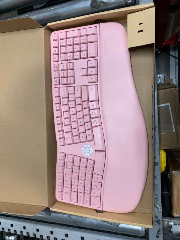 Photo 2 of MEETION Ergonomic Keyboard, Split Wireless Keyboard with Cushioned Wrist, Palm Rest, Curved, Natural Typing Full Size Rechargeable Keyboard with USB-C Adapter for PC/Computer/Laptop/Windows/Mac, Pink