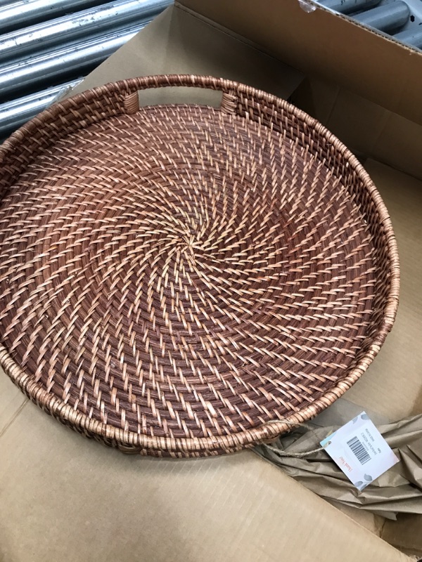 Photo 2 of 16.9 inch Rattan Tray, Round Wicker Tray with Cut-Out Handles, Woven Serving Tray for Dining/Coffee Table 16.9 inch (43cm)