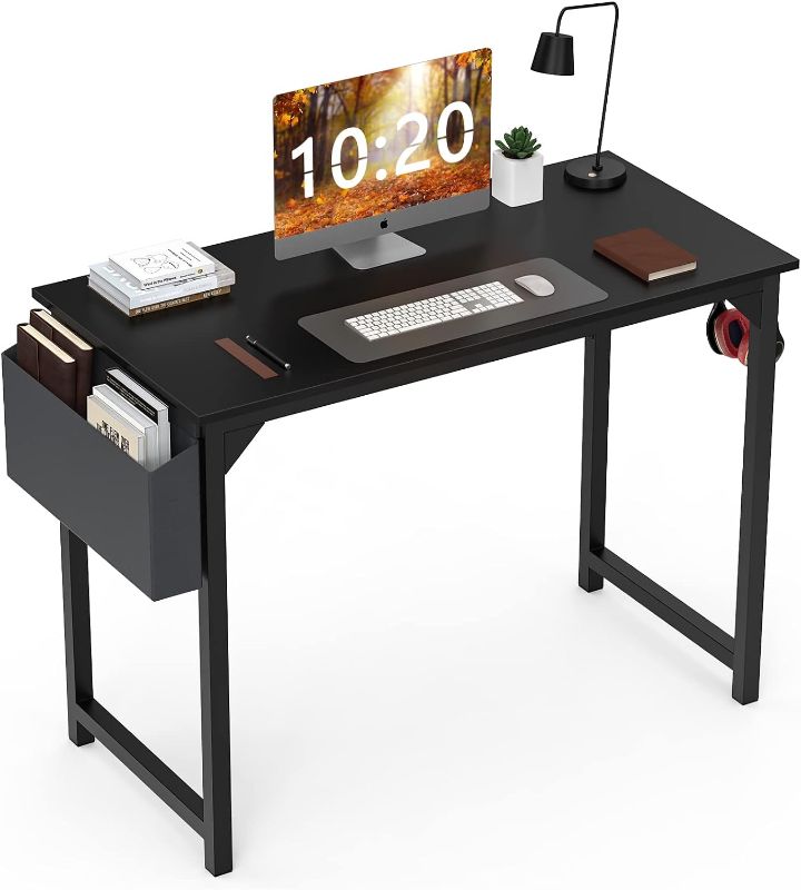 Photo 1 of Computer Desk Small Office Desk 40 Inch Writing Desks Small Space Desk Study Table Modern Simple Style Work Table with Storage Bag Headphone Hook Wooden Tabletop Metal Frame for Home, Bedroom