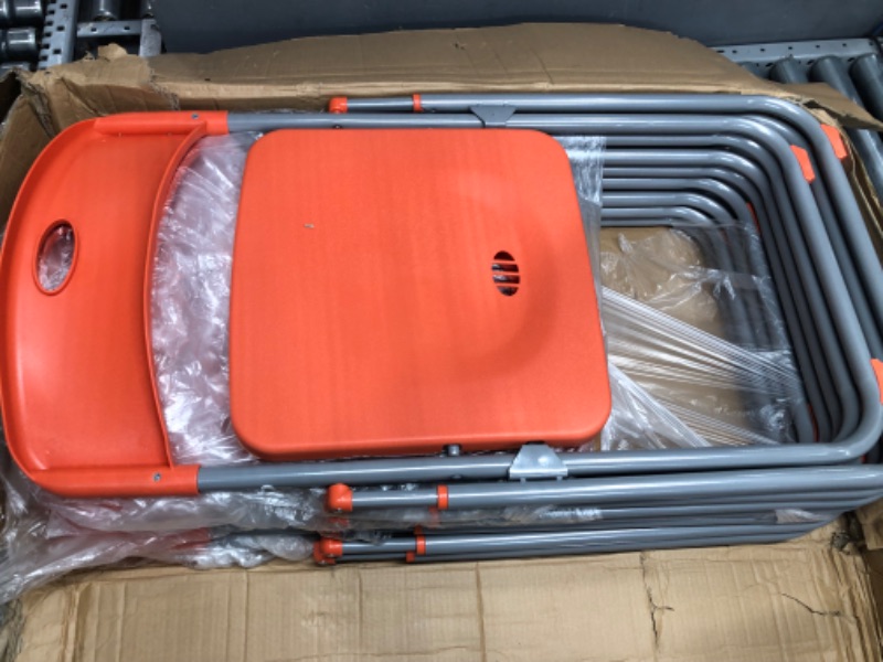Photo 3 of ***MAJOR DAMAGE - ALL OF THE CHAIRS HAVE CRACKS IN THE PLASTIC***
8 Pack Folding Plastic Chairs Pack Steel Folding Dining Chairs Folding Chairs Bulk Orange