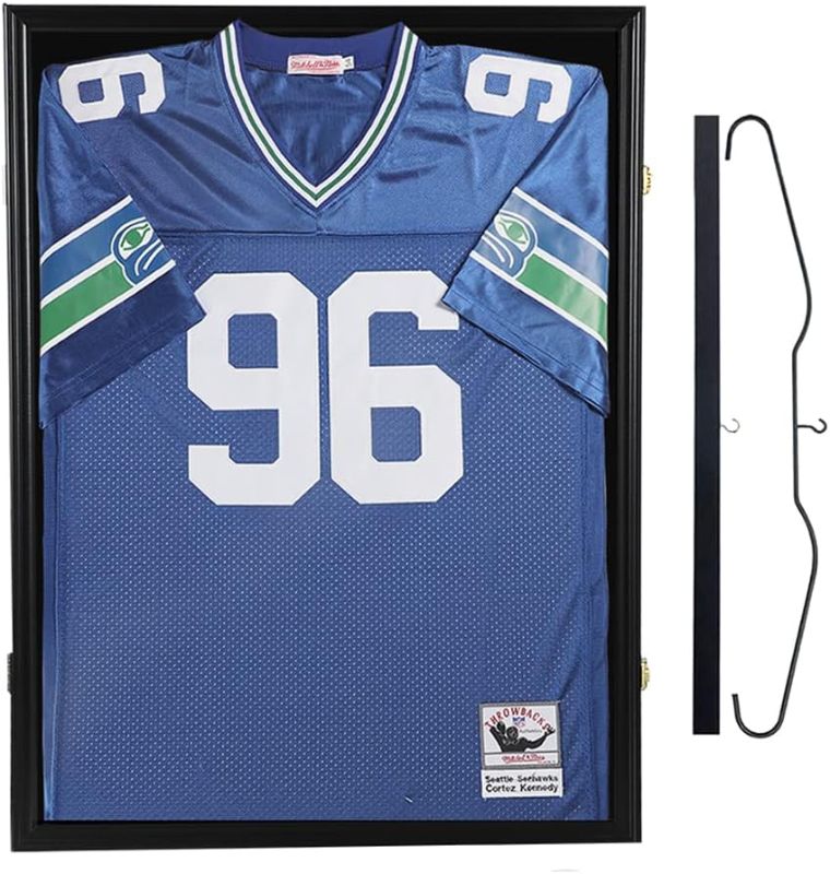 Photo 1 of (READ FULL POST) Snail Jersey Frame Display Case Large Lockable Frames Shadow Box with UV Protection Acrylic for Baseball Basketball Football Soccer Hockey Sport Shirt, Hanger and Wall Mount Option, Black Finish
