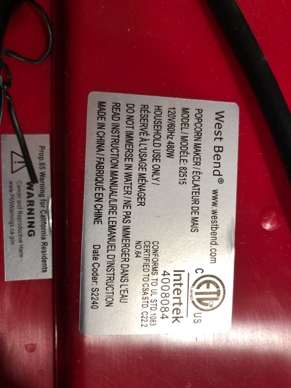 Photo 5 of ***MAJOR DAMAGE - CRACKED - POWERS ON - UNABLE TO TEST FURTHER***
West Bend Stir Crazy Movie Theater Popcorn Popper with Nonstick Popcorn Kettle, 4 Qt., Red