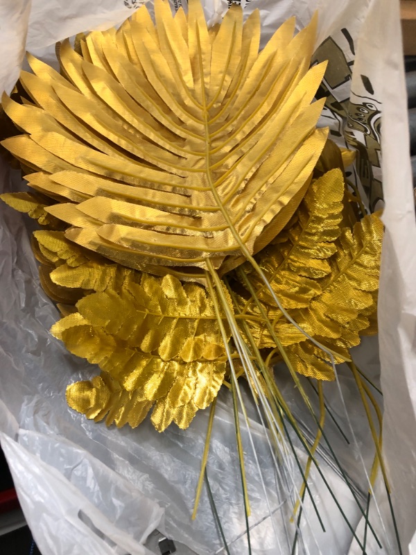 Photo 2 of 12 Pcs Artificial Gold Palm Leaves- 19.4" Realistic Golden Plants Leaf Fake Gold Tropical Palm Leaf Faux Gold Leaves Decorations for Balloon Garland Decor Wedding Birthday Tropical Jungle Party