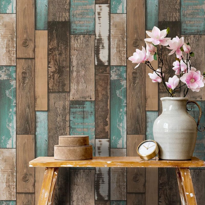 Photo 1 of 17.7''x100'' Wood Wallpaper Rustic Distressed Wood Peel and Stick Wallpaper Self Adhesive Removable Decorative Wood Plank Film for Wall Covering Cabinets Counter Top Waterproof Shiplap Wall Paper 17.7''x100'' Multicolor Wood Plank (2-pack)