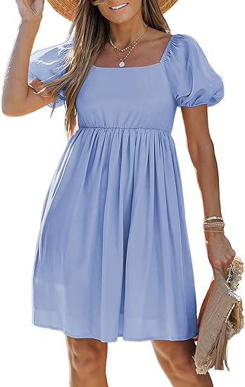 Photo 1 of luvamia Summer Dresses for Women Square Neck Off The Shoulder Puff Sleeve A-line Short Flowy Babydoll Dress XL
