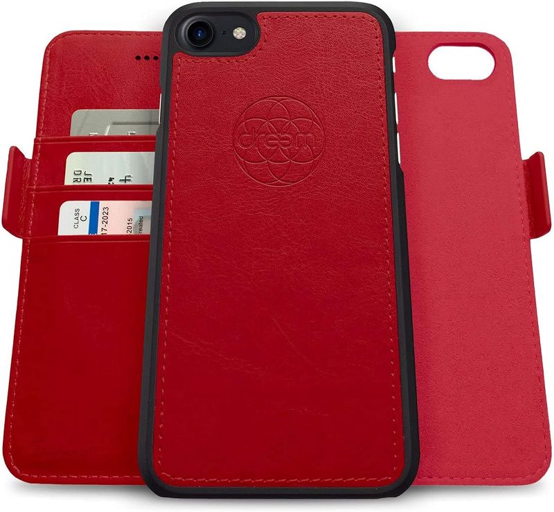 Photo 1 of Dreem Fibonacci 2-in-1 Wallet Case for Apple iPhone SE 3 (2022), SE 2, & 8/7 - Luxury Vegan Leather, Magnetic Detachable Shockproof Phone Case, RFID Card Protection, 2-Way Flip Stand - Red
