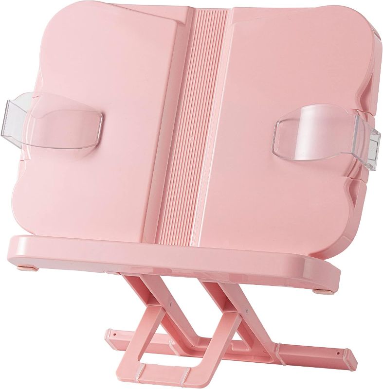 Photo 1 of TIANSE Book Stand, Book Holder for Reading Hands Free, Adjustable Rest Book Holders Tray and Page Paper Clips Foldable Desk Table Bookstand for Kids Textbooks Drawing Ipad Study Supplies - Crystal Pink