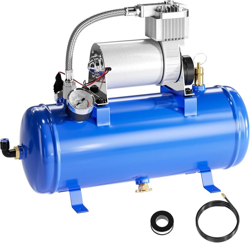 Photo 1 of 150PSI 12V Air Compressor with Tank 1.59 Gallon, 6L Air Tank Compressor Pump for Train Truck Air Train Horn Onboard Air Compressor Air Horn Tank, Blue
