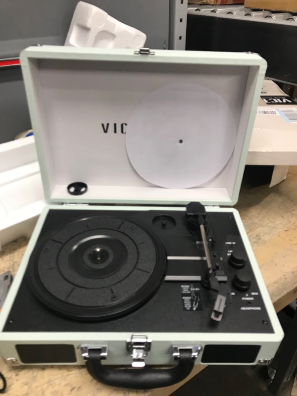 Photo 3 of **MISSING POWER CORD**Victrola Vintage 3-Speed Bluetooth Portable Suitcase Record Player with Built-in Speakers | Upgraded Turntable Audio Sound| Includes Extra Stylus | Mint (VSC-550BT-HOM) Hint of Mint Record Player