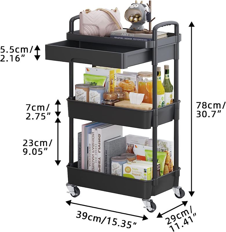 Photo 3 of (READ NOTES) Calmootey 3-Tier Rolling Utility Cart with Drawer,Multifunctional Storage Organizer with Plastic Shelf & Metal Wheels,Storage Cart for Kitchen,Bathroom,Living Room,Office,Black 3-Tier Black