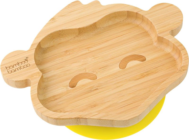 Photo 1 of Bamboo Baby Plate with Suction - Kids and Toddler Suction Cup Plate for Babies, Non-Toxic All-Natural Bamboo Baby Food Plate Stays Cool to The Touch for Baby-Led Weaning (Monkey - Yellow)
