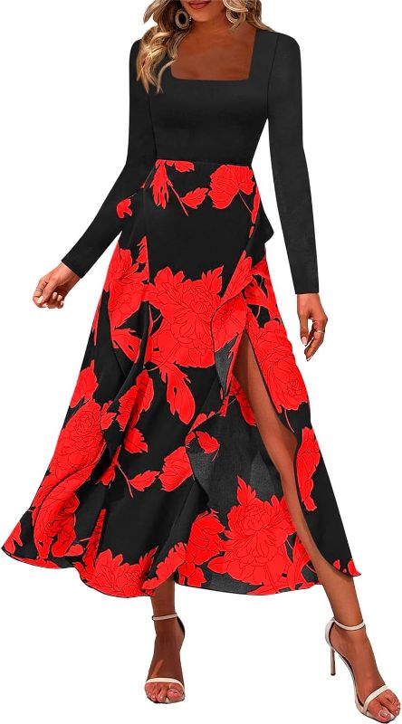 Photo 1 of Fisoew Women's Floral Long Sleeve Boho Dress Casual Spuare Neck Ruffle Slit Party Midi Dresses Large red&black