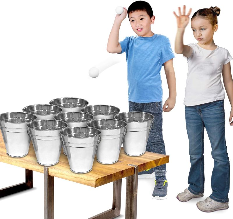 Photo 1 of (INCOMPLETE)Gamie Bucket Ping Pong Ball Game Includes 9 Metal Buckets, 12 Balls, and 1 Number Sticker Sheet - Fun Party Activity for Kids and Adults, Great Idea for Kids