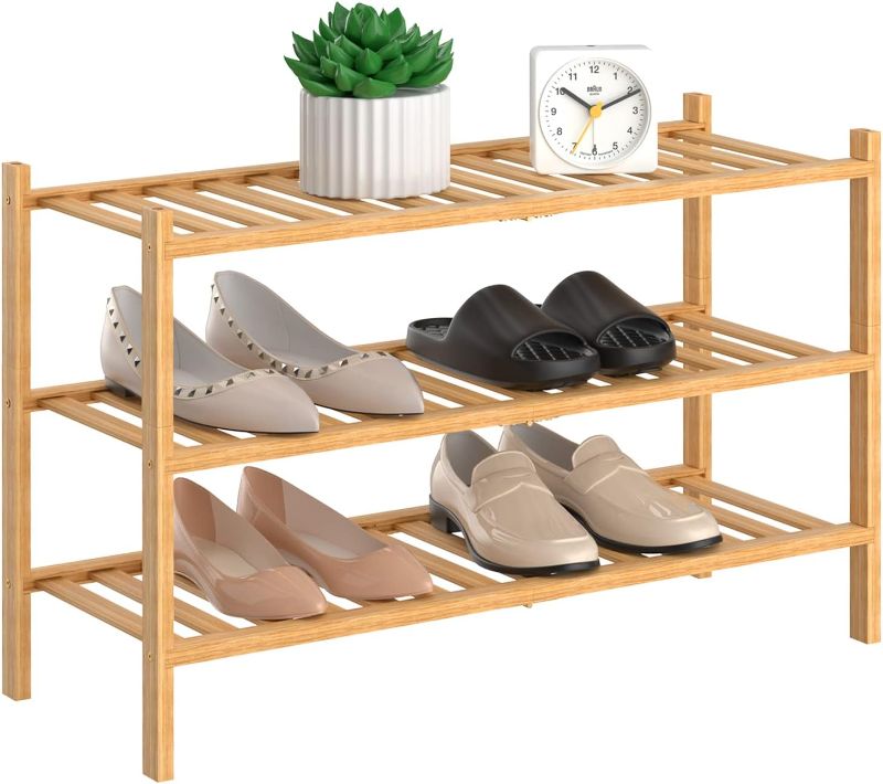 Photo 1 of 3-Tier Natural Bamboo Shoe Rack - Stackable Storage Shelf with Multi-Function Combinations - Free Standing Shoe Racks for Convenient Shoe Organization?Natural? 11" D x 27" W x 20" H
