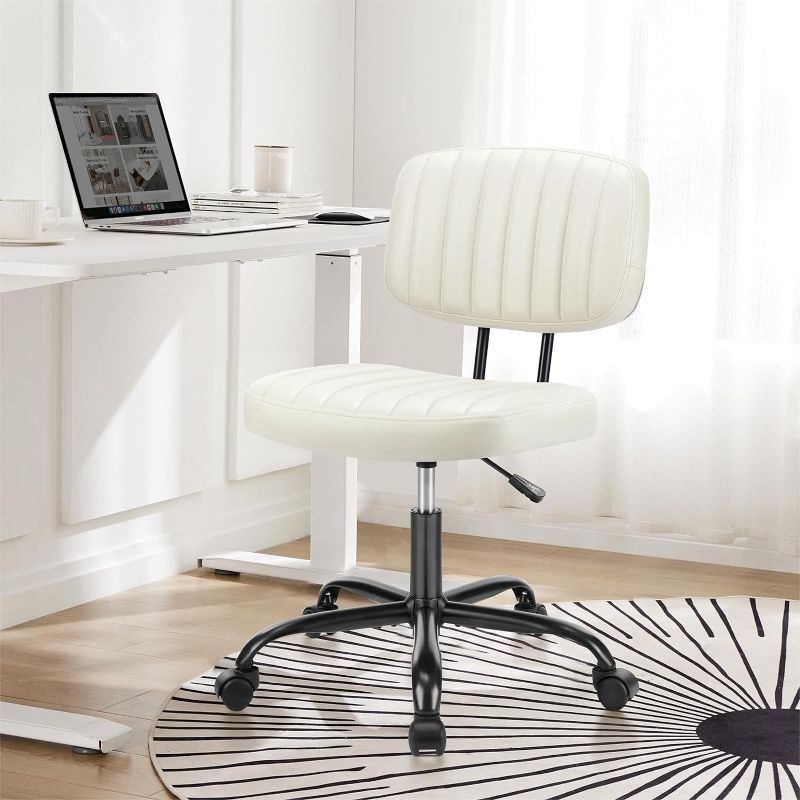 Photo 1 of DUMOS Armless Home Office Chair Ergonomic Desk with Comfy Low Back Lumbar Support, Height Adjustable PU Leather Computer Task with 360° Swivel Wheels, for Small Space, Kids and Adults, Beige White
