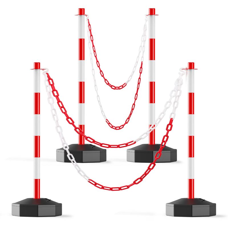 Photo 1 of [4 Pack] Traffic Delineator Post Cones with Fillable Base, Expandable Traffic Safety Barrier with 8FT Plastic Chain, Traffic Safety Delineator Cones for Parking Lot [Red/White]
