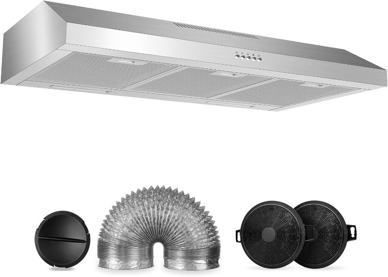 Photo 1 of 600 CFM Range Hood 36 Inch, Under Cabinet Range Hood for Duct/Ductless Convertible, Stainless Steel Kitchen Stove Vent Hood with 3 Speed Kitchen Exhaust Fan and Two Bright Energy-Saving LED Light Under Cabinet Range Hood-600CFM-KMJ01-36