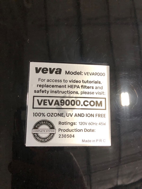 Photo 4 of ***USED - POWERS ON - UNABLE TO TEST FURTHER***
VEVA Air Purifier Large Room - ProHEPA 9000 Premium Air Purifiers for Home w/ H13 Washable HEPA Filter for Smoke, Dust, Pet Dander & Odor - Black