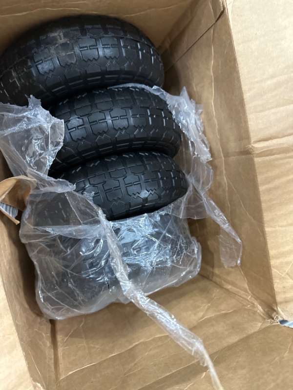 Photo 2 of 10" Flat Free Tires Solid Rubber Tyre Wheels?4.10/3.50-4 Air Less Tires Wheels with 5/8" Center Bearings?for Hand Truck/Trolley/Garden Utility Wagon Cart/Lawn Mower/Wheelbarrow/Generator?4 Pack, Black 12.4 Pounds Black