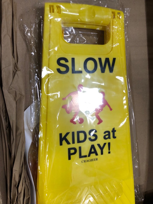 Photo 3 of Children at Play Safety Signs, 3 Pack Kids at Play Signs with Reflective Tape, DoubleSided Text and Graphics Easier to Identify, Kids at Play and Slow Down Signs for Street Neighborhoods Schools 3 Pack Yellow