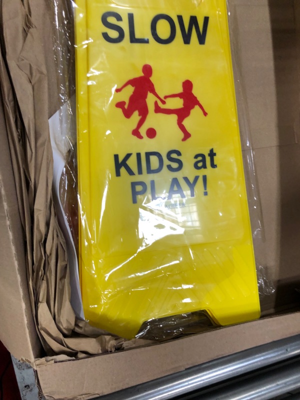 Photo 2 of Children at Play Safety Signs, 3 Pack Kids at Play Signs with Reflective Tape, DoubleSided Text and Graphics Easier to Identify, Kids at Play and Slow Down Signs for Street Neighborhoods Schools 3 Pack Yellow