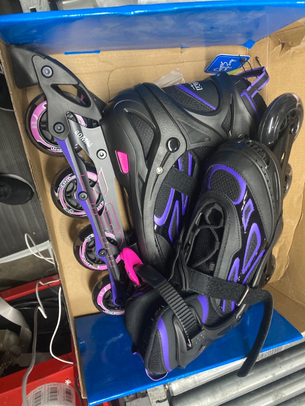 Photo 3 of 2PM SPORTS Vinal Girls Adjustable Flashing Inline Skates, All Wheels Light Up, Fun Illuminating Skates for Kids and Men- Azure Small (1Y-4Y US) Violet & Magenta X-Large - Adult (8W-12W/7M-11M)