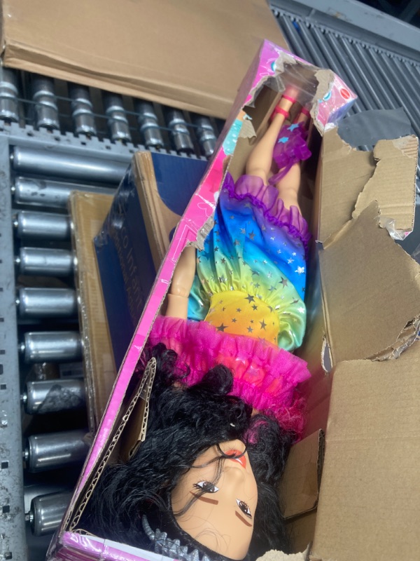 Photo 2 of Barbie Large Doll with Black Hair, 28 Inches Tall, Rainbow Dress and Styling Accessories Including Shooting Star Handbag