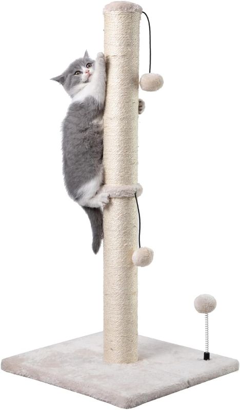 Photo 1 of 34” Tall Cat Scratching Post Premium Basics Kitten Scratcher Sisal Scratch Posts Trees with Hanging Ball for Indoor Cats (34 inches for Adult Cats, Beige)