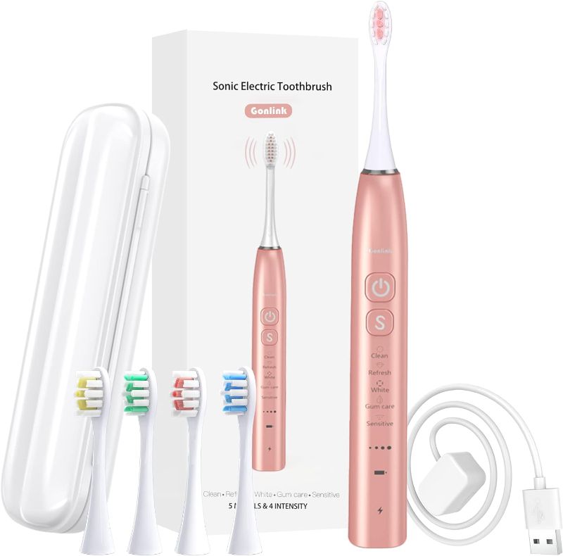 Photo 1 of Gonlink Sonic Electric Toothbrush for Adults, 4 Toothbrush Heads Electric Toothbrush with Travel Case, Rechargeable Toothbrushes 5 Cleaning Modes with Charge Toothbrush (Pink)
